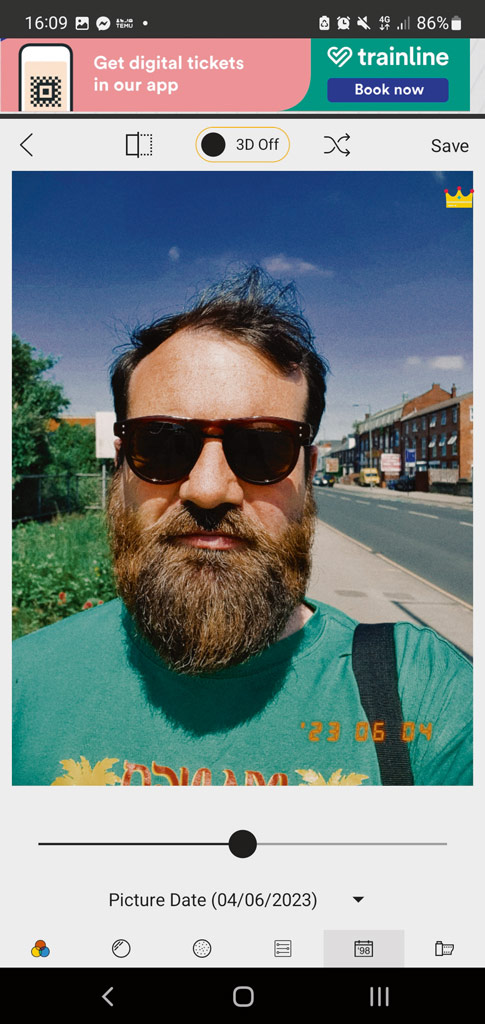 1998 Cam app test, portrait of Joshua Waller in green shirt and sunglasses