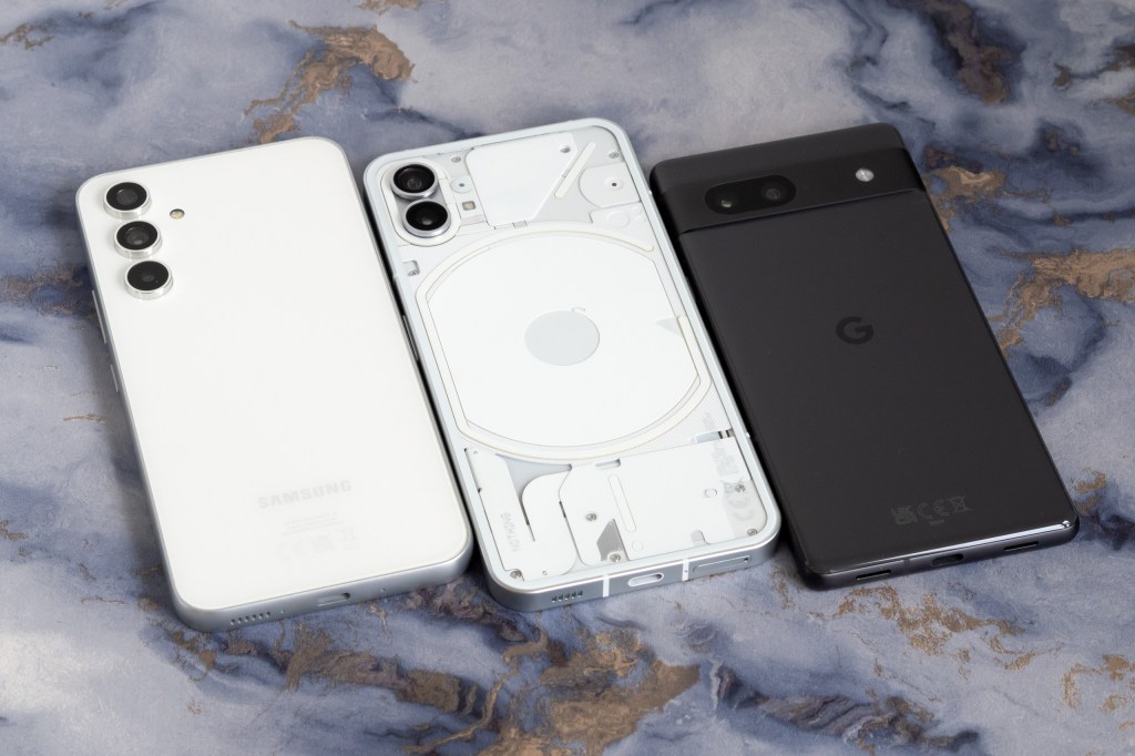 Left to right: Samsung Galaxy S54, Nothing Phone 1, Google Pixel 7A
