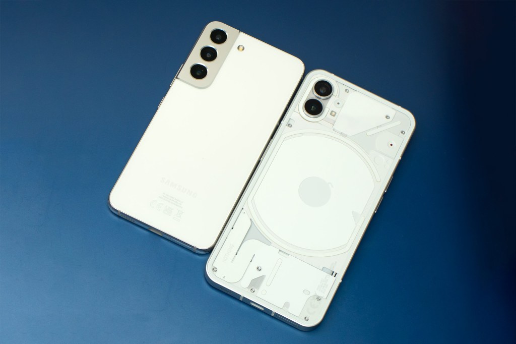 Samsung Galaxy S22 next to the dual camera Nothing Phone 1