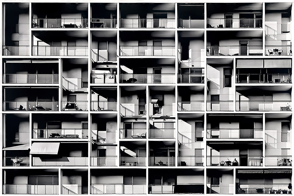 black and white architecture shot of block of flats