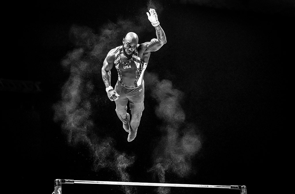 Donnell Whittenburg of USA competing on the high bar during men's qualifications at the World Artistic Gymnastics Championships at the M&S Bank Arena on October 31st 2022 in Liverpool. World sports photography awards