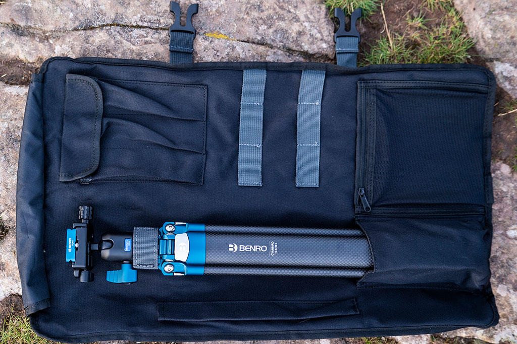 Benro tripod packed in roll-up case
