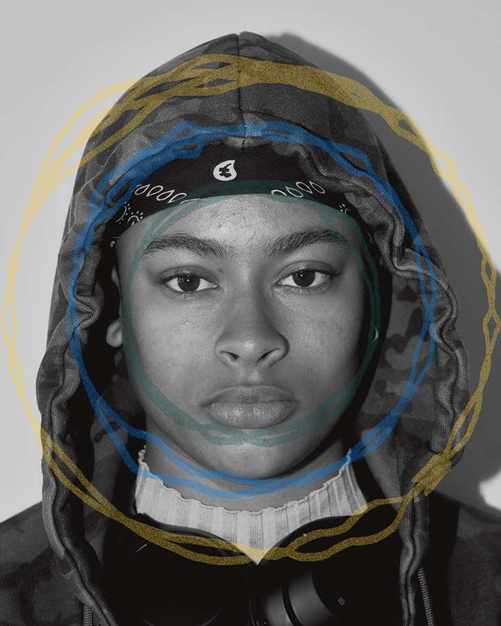 close up portrait of a girl with a hood up