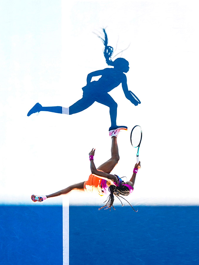 The shadow cast by Coco Gauff (USA) as she serves during Round 1 of the Australian Open on Margaret Court Arena at Melbourne Park in Melbourne