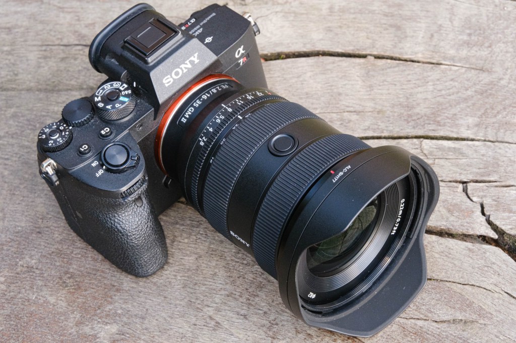 Sony FE 16-35mm F2.8 GM II with hood on Sony Alpha A7R IV