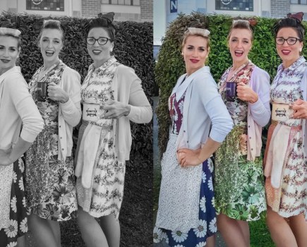 Three ladies in vintage 50s clothes and hairdo. Photoshop AI colouring example