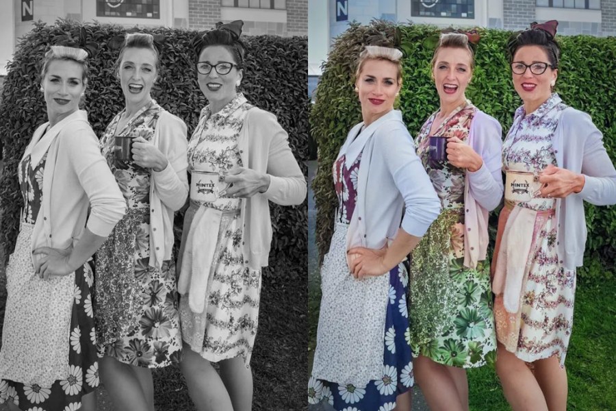 Three ladies in vintage 50s clothes and hairdo. Photoshop AI colouring example