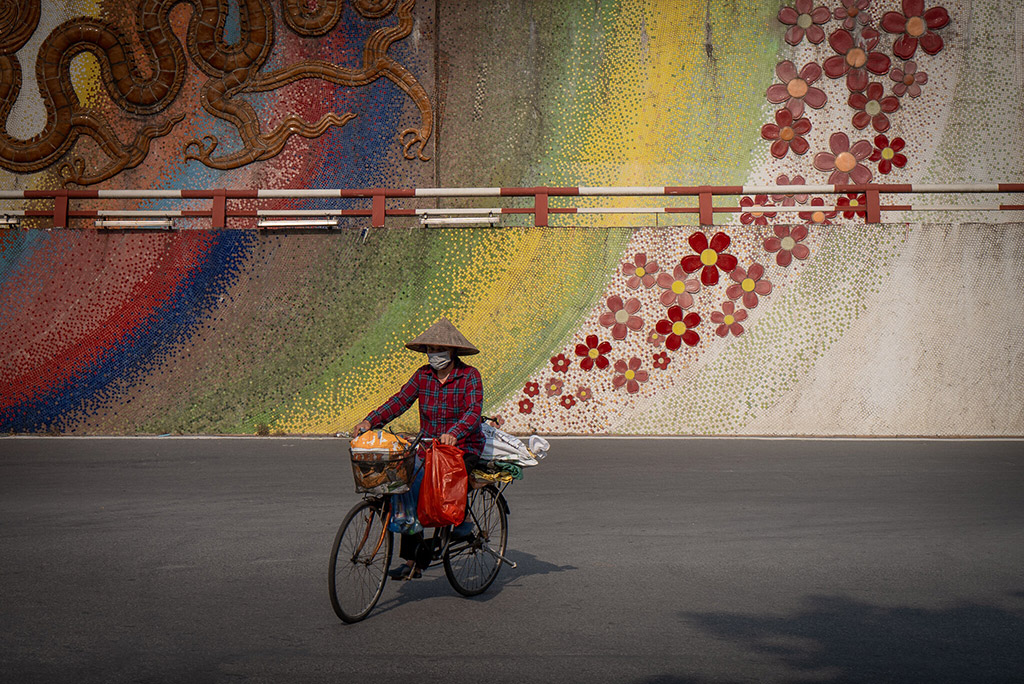 flower wall with person riding bike past it