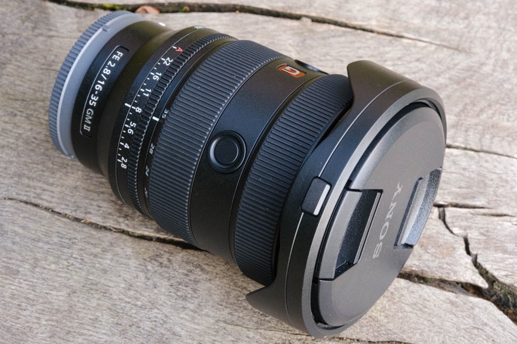 Sony FE 16-35mm F2.8 GM II packed up with caps and hood