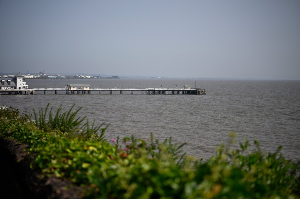 Tamron 70-300mm f4.5-6.3 Di III RXD lens for Nikon Z-mount Sample image, pier at the seaside from far, greens shrubs in the foreground