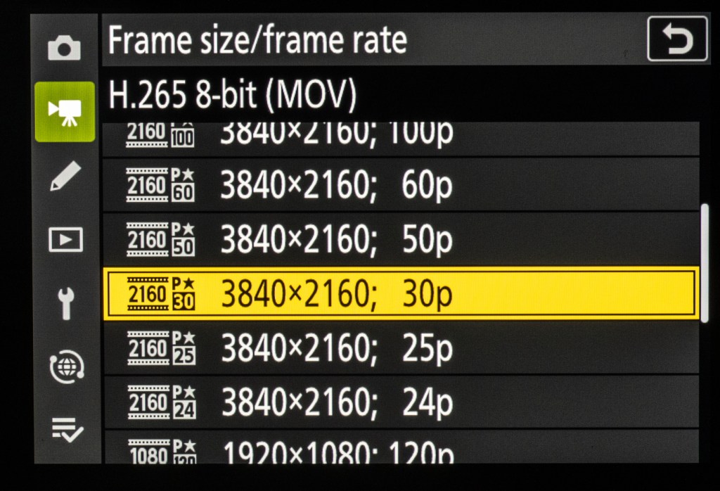 Nikon Z8 video resolution menu