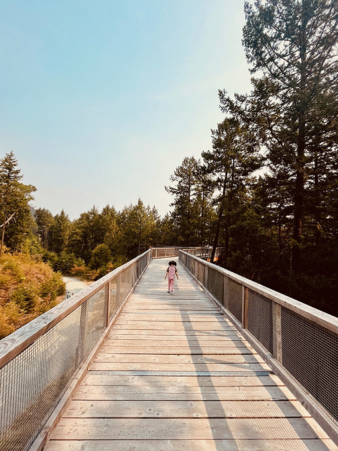 Tim Dai Vancouver Island. While walking through a forest on a wooden platform a girl walking ahead