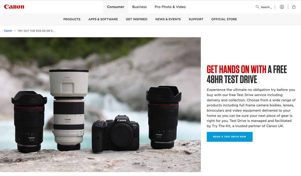 Canon Test Drive advertorial feature, Test Drive main screen