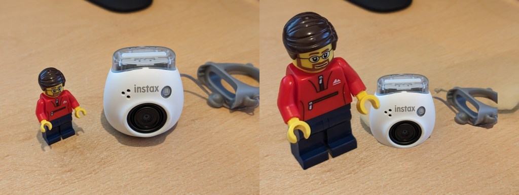 Google Pixel 8 - Magic Editor, before (left), after (right) - Lego figure enlarged, Instax Pal size reduced.