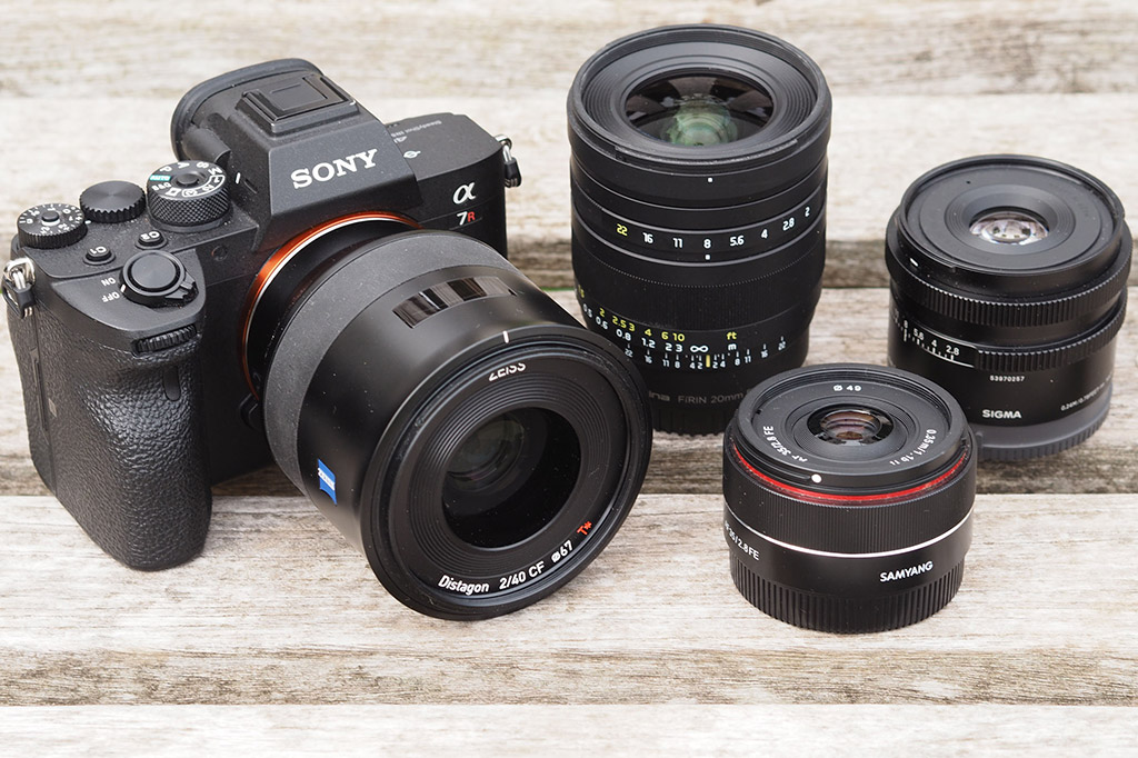 sony alpha a7r iv with a selection of third party lenses