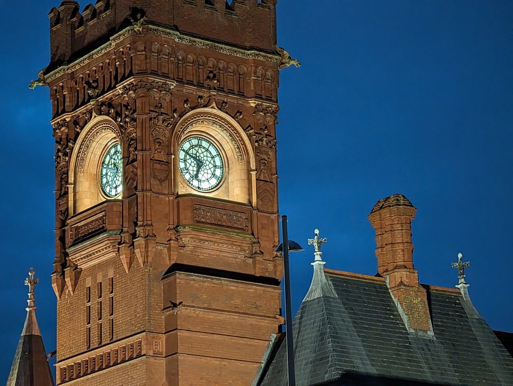 Google Pixel 8 Pro Night Sight mode with 5x lens sample image illuminated clocktower at night