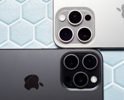 Close up of iPhone 15 Pro Max and iPhone 15 Pro cameras side by side