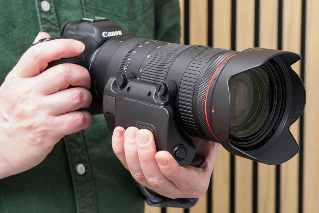 Canon RF 24-105mm F2.8L IS USM with PZ-E2 power zoom controller on the EOS R5, in-hand