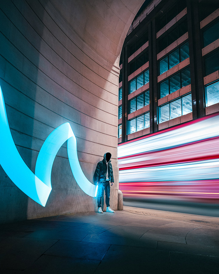 young apoy action round winner long exposure in the city, double decker bus long exposure with light painting