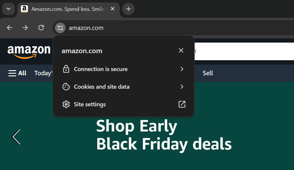Amazon.com in Google Chrome. Clicking the icon brings up the security information.