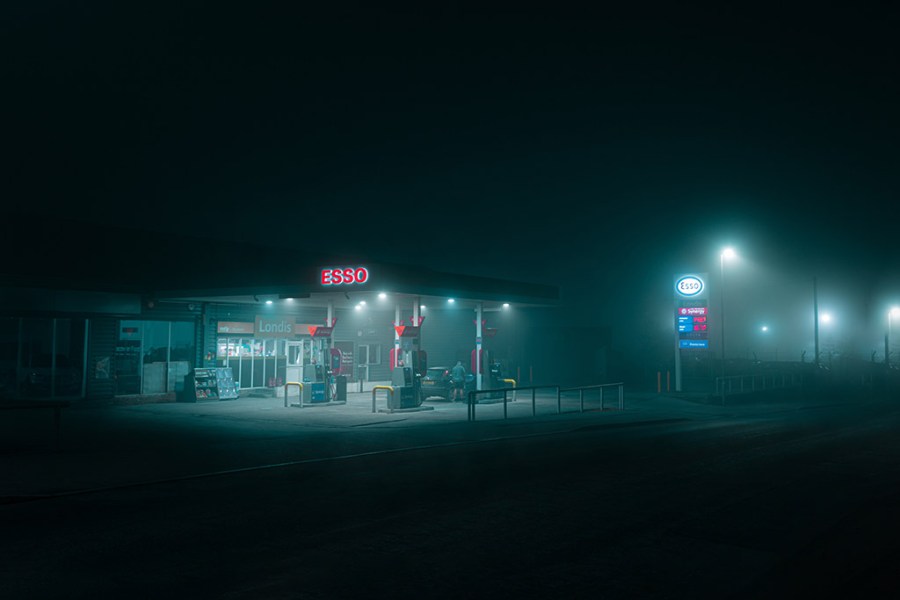 esso petrol station at night