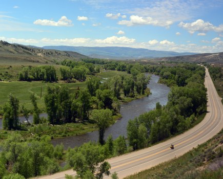 Nikon D800 sample image, a motorcyclist on US40 by the colorado river, birdseye view