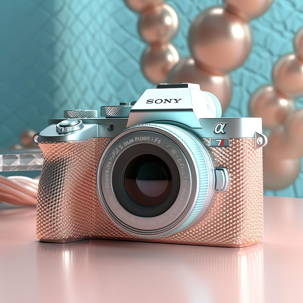 Andrea Pizzini AI generated Sony Alpha camera design in pale pink and silver