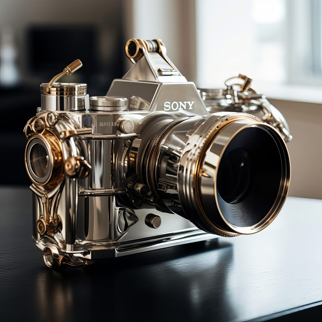 Andrea Pizzini AI generated Sony Alpha camera design, in silver metal
