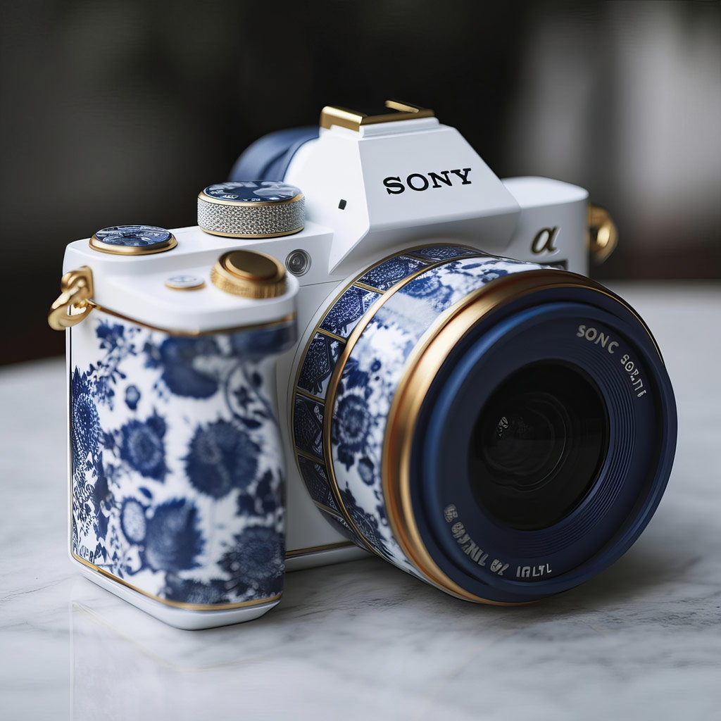 Andrea Pizzini AI generated Sony Alpha camera design, inspired by portugese blue and white tiles