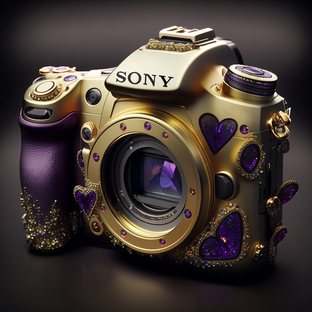 Andrea Pizzini AI generated Sony Alpha camera design, gold and purple with heart shaped cutouts