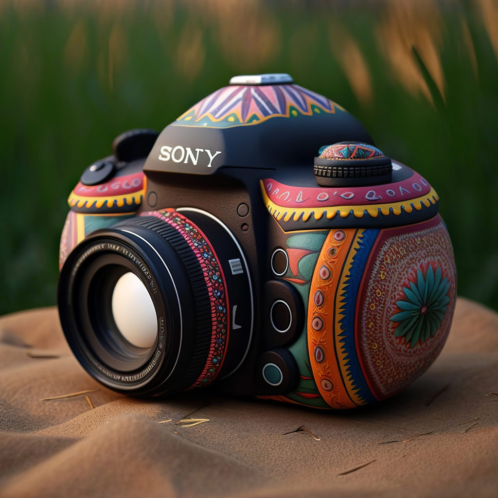 Andrea Pizzini AI generated Sony Alpha camera design, colourful hippy lines