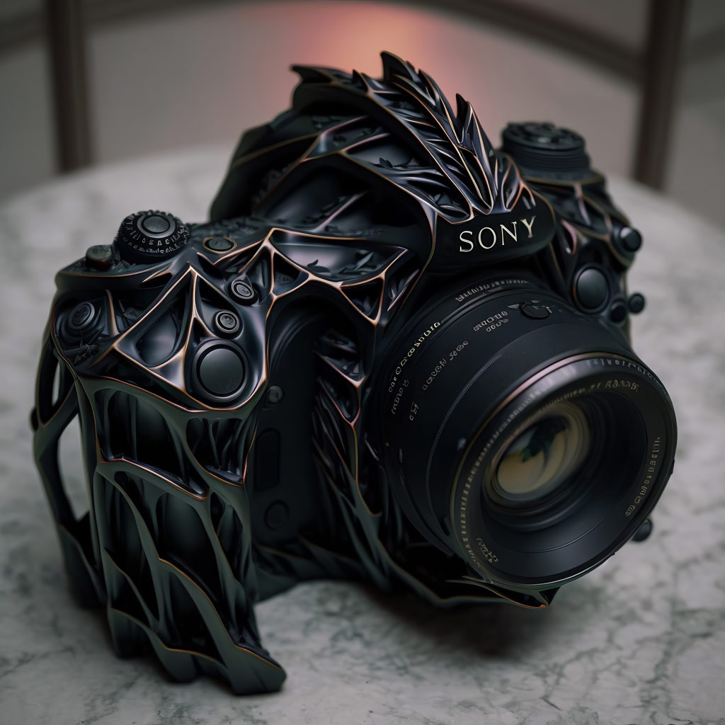 Andrea Pizzini AI generated Sony Alpha camera design, black gothic