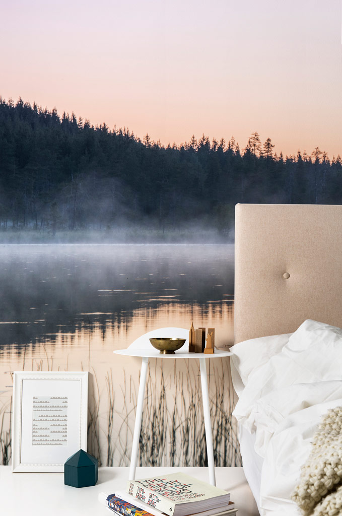 Photowall printing service print example, a misty landscape photo of a lake and forest wallpapered in a bedroom
