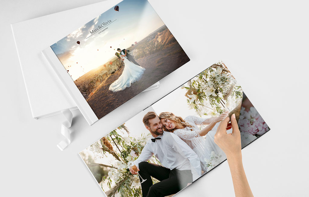 Saal digital printing service print example of a wedding photo book, and print