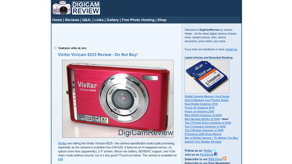 DigiCamReview screenshot showing the Vivitar Vivicam 8225 with "2x optical zoom"