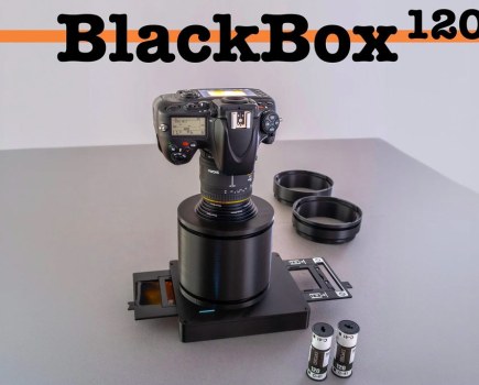 BlackBox 120 medium format film scanner set up with a DSLR camera
