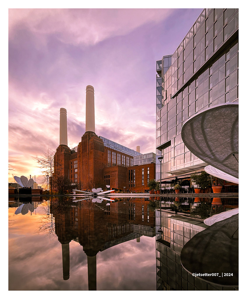 battersea power station sunrise reflection in water