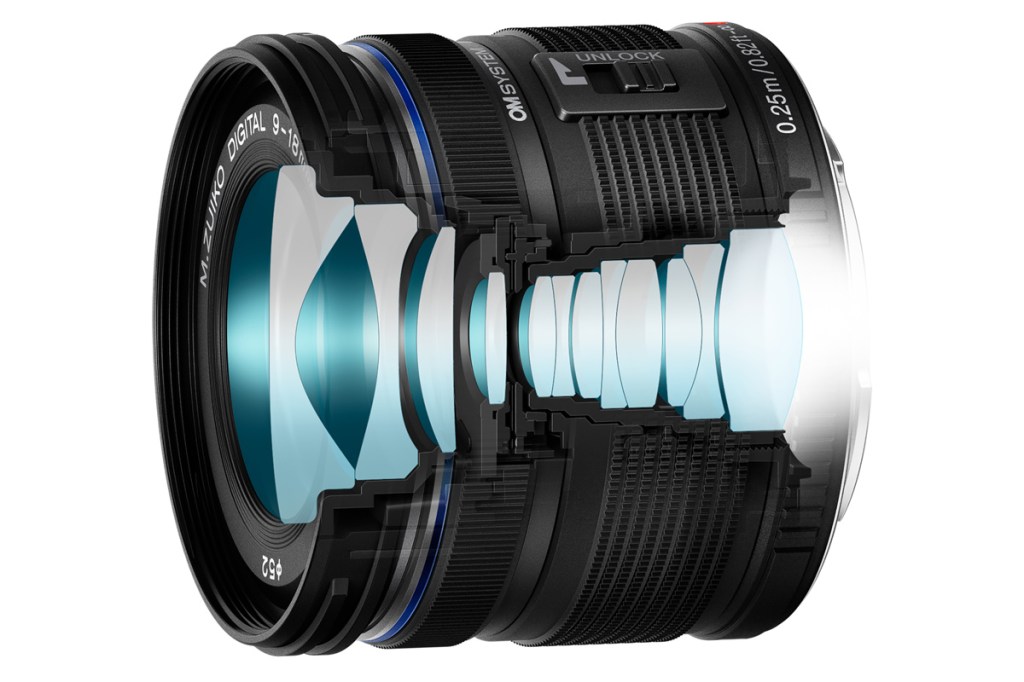 OM System M.Zuiko 9-18mm F4.0-5.6 II. Lens cutaway showing lens elements. Image: OM System