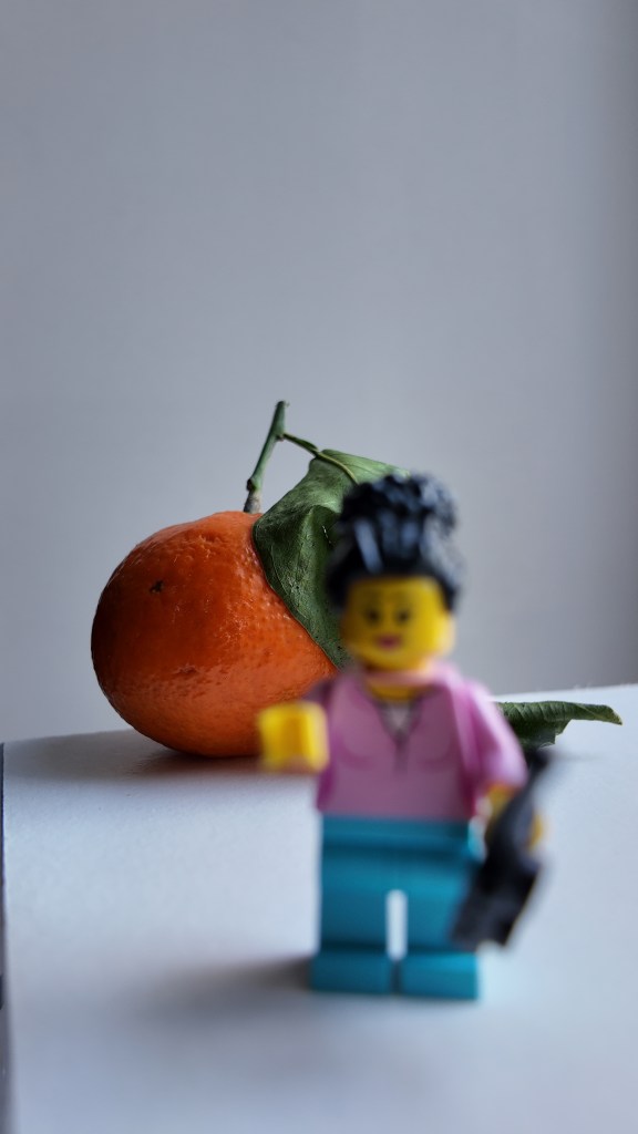 pocket 3 sample photo with focus on clementine and lego figure out of focus in the foreground.
