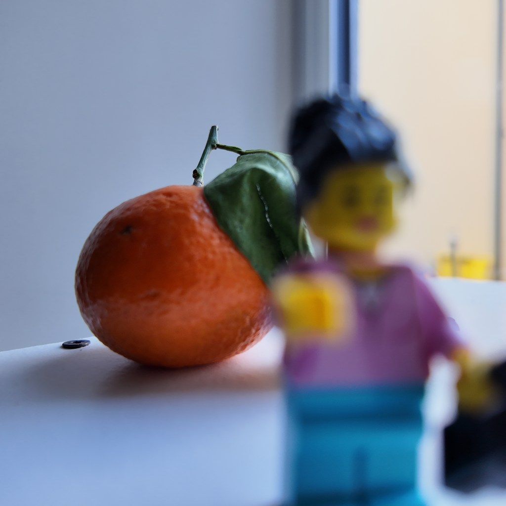 1:1 square format image of a clementine and lego figure side by side. Unless using subject or facial tracking, focusing close-up can be quite temperamental on the screen. 