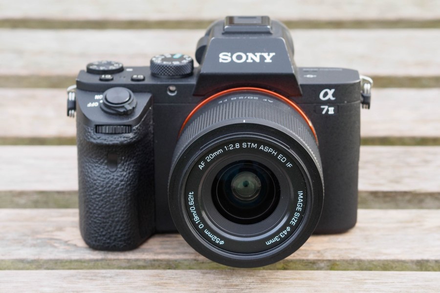 Viltrox AF 20mm F2.8 FE on Sony Alpha A7 II, front view