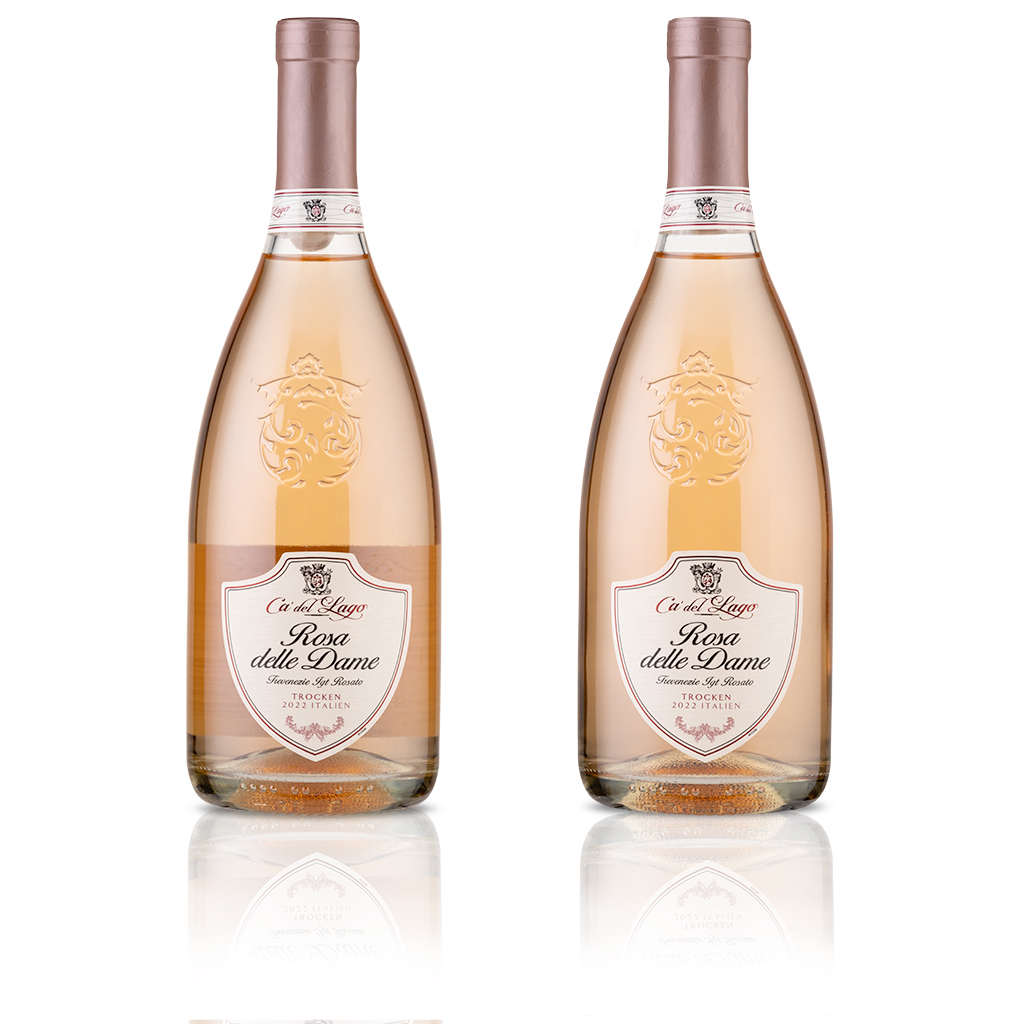 Two bottles of rose wine against a white background
