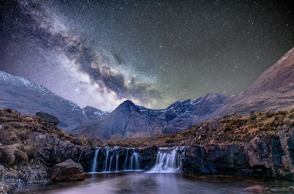 Fairy Pools on Skye night photo with milky way sky