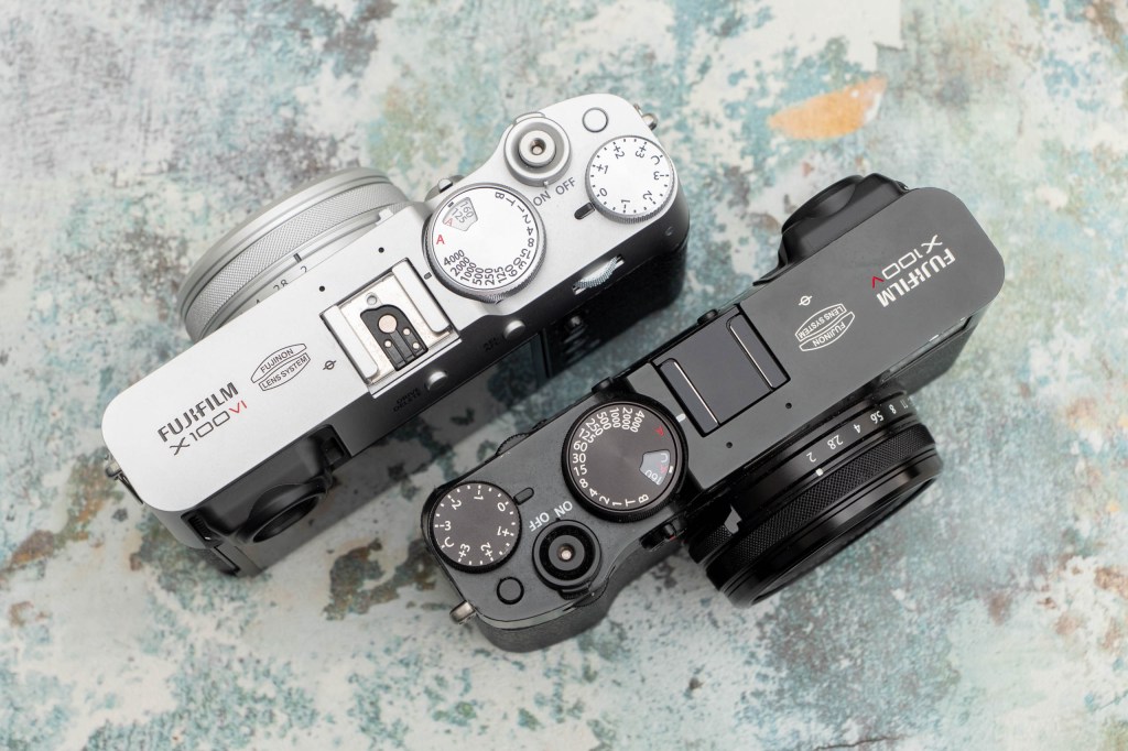 Fujifilm X100 VI vs X100 V cameras side by side, top view