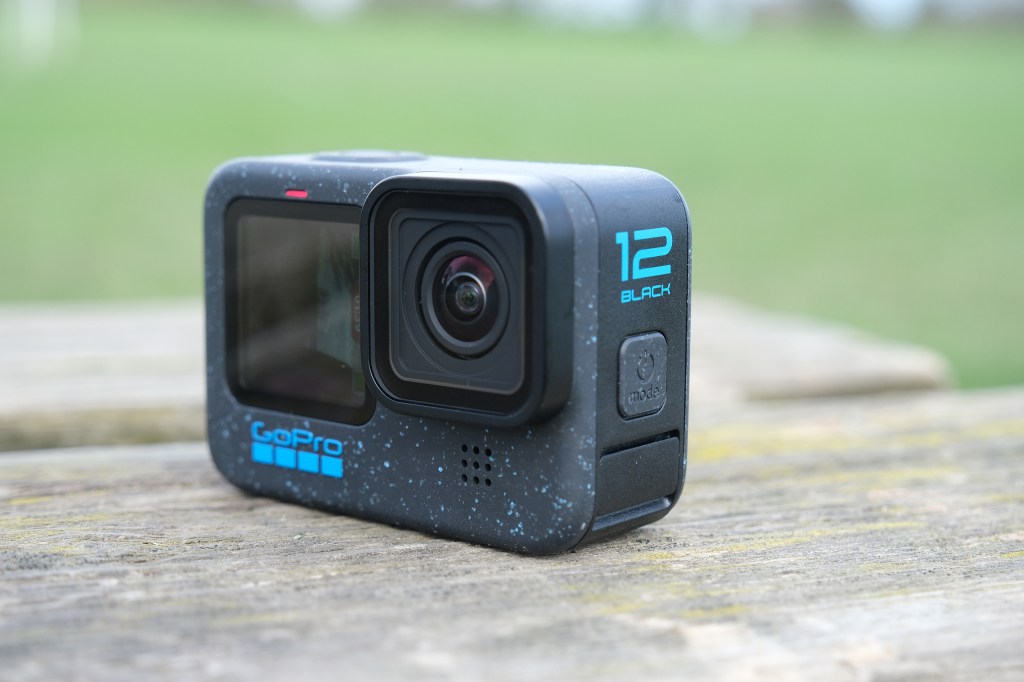 gopro hero12 black side view with red recording light on
