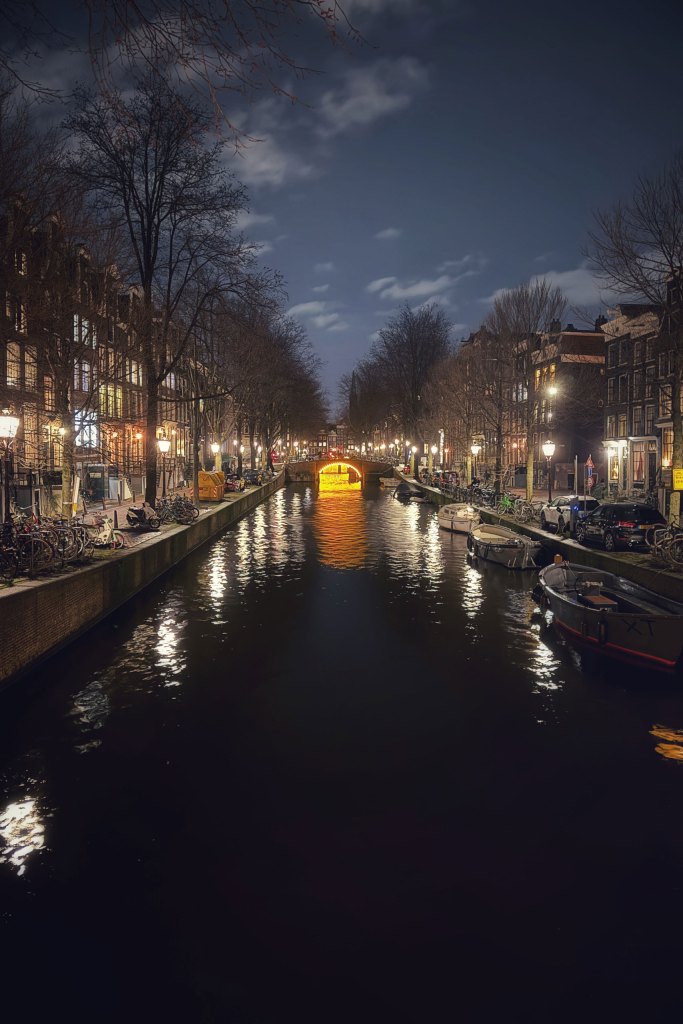 Cityscape, Amsteradam canal by night