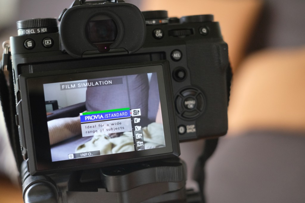 Rear LCD of X-T5 showing Film Simulation modes