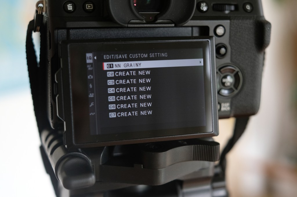 X-T5 screen showing Film Simulation custom presets.