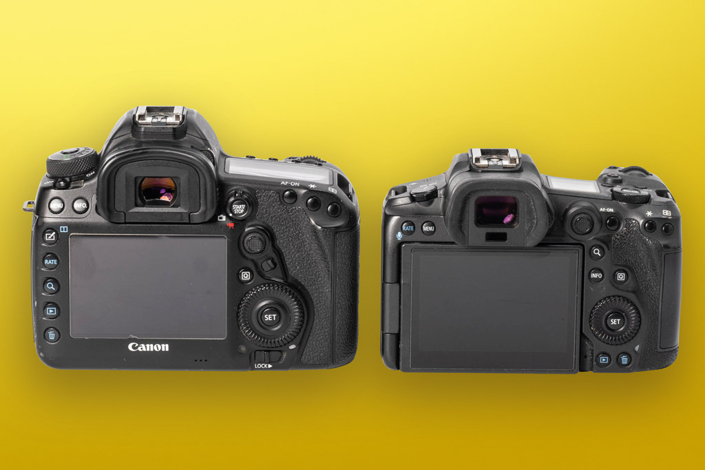 Canon EOS R5 and Canon EOS 5D Mark IV rear view with LCD screen
