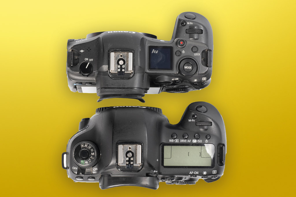 Canon EOS R5 and Canon EOS 5D Mark IV side by side top down view